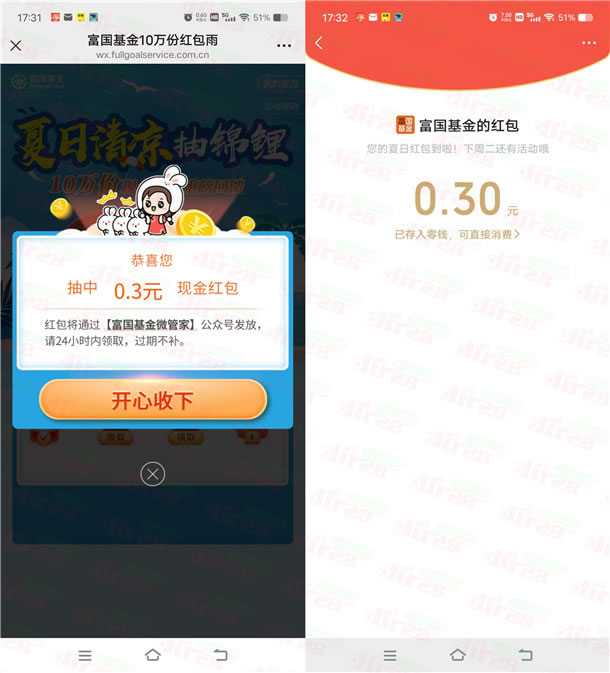 富国基金新一期红包雨活动抽10万个微信红包 亲测中0.3元